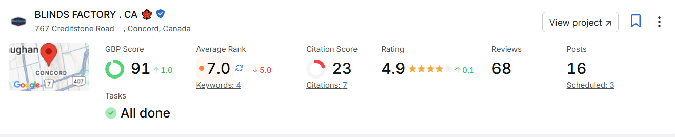 blindsfactory-gbp-small local SEO results for our client BlindsFactory